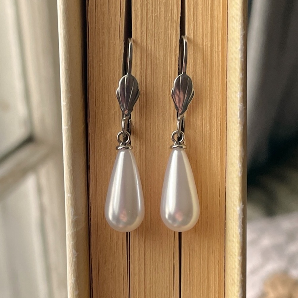 Silver Pearl Drop Hoop Earrings